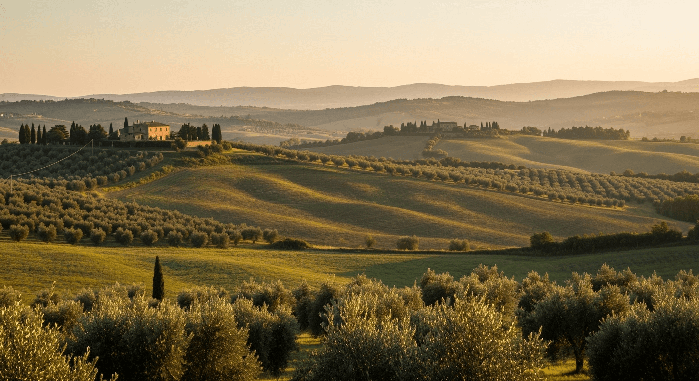 Tuscan countryside landscape at golden hour with rolling hills and olive groves.